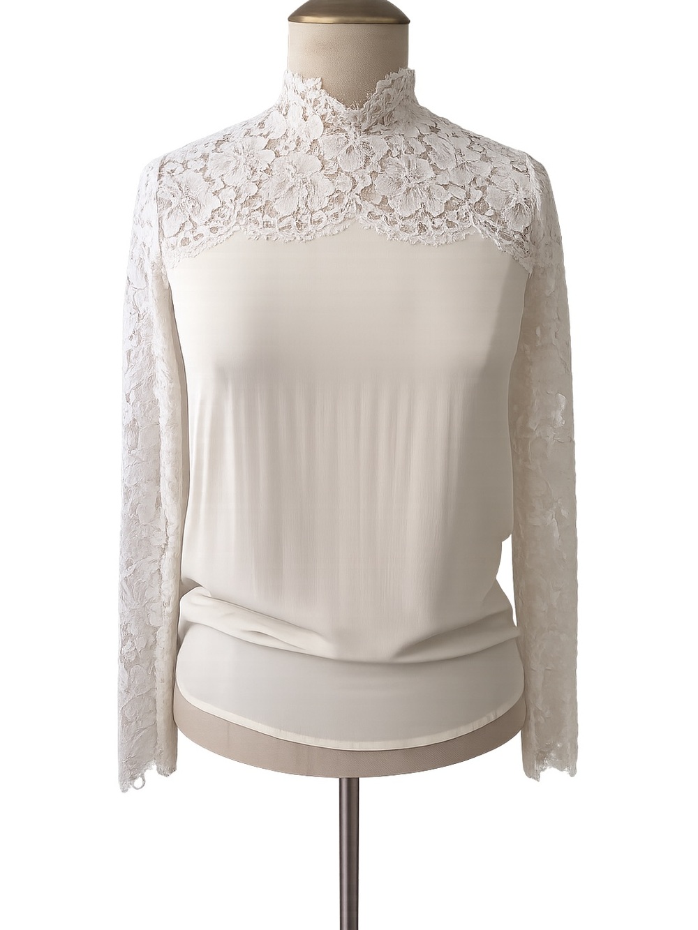 Sandro Cream Lace-Yoke High Neck Blouse